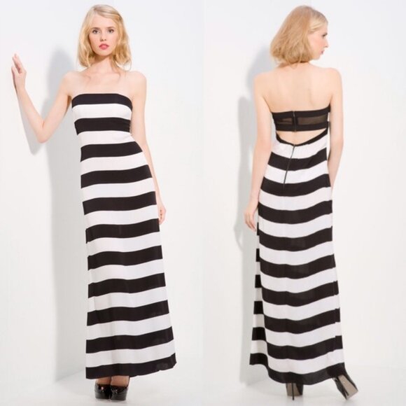 Alice + Olivia Chandra Black White Silk Blend Striped Strapless Maxi Dress XS - Picture 1 of 15